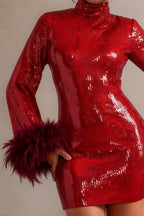 Beatrice Red Sequin Bodycon High Neck Feather Mini Dress with Sleeves