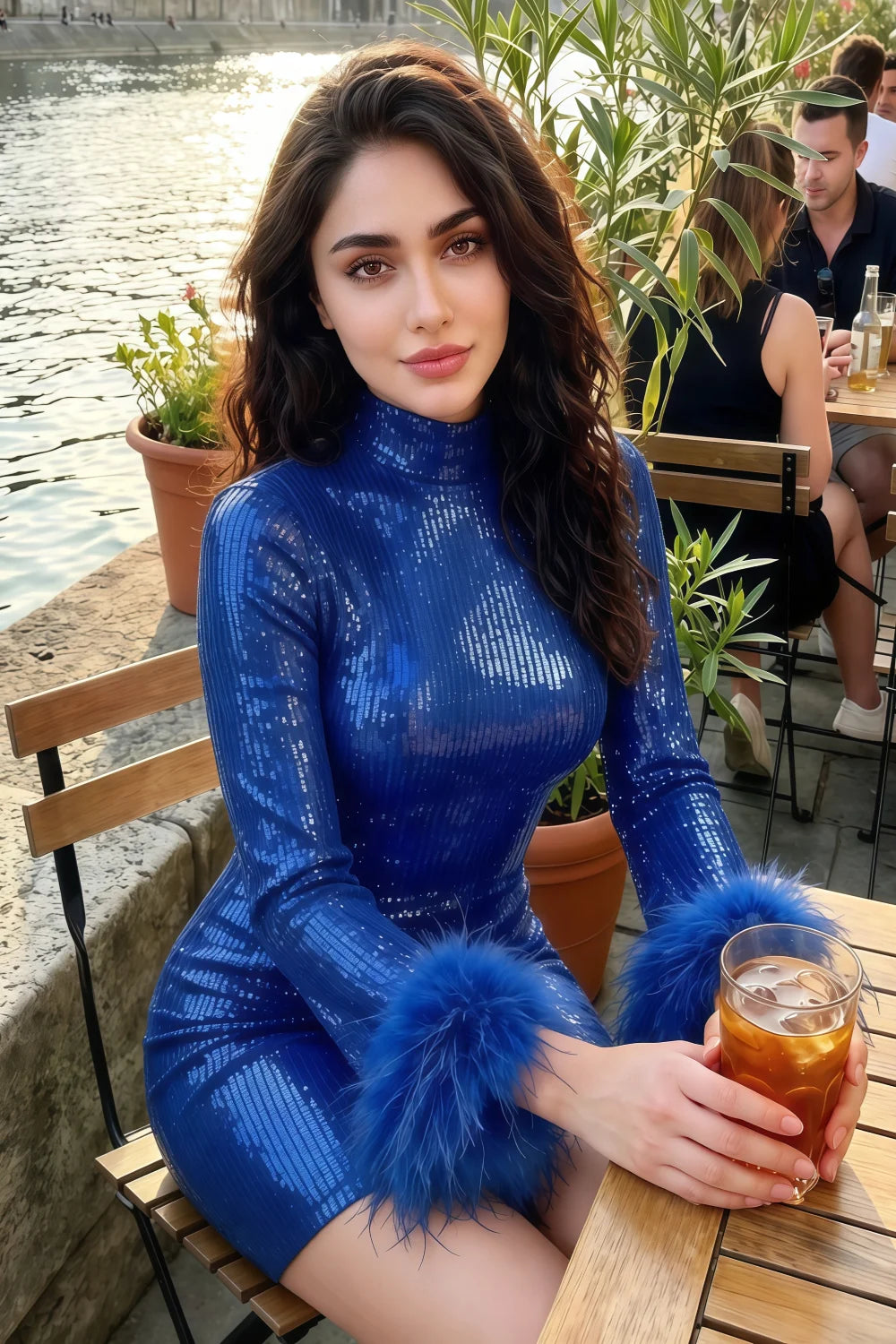 Beatrice Royal Blue Sequin Bodycon High Neck Feather Mini Dress with Sleeves