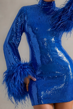 Beatrice Royal Blue Sequin Bodycon High Neck Feather Mini Dress with Sleeves
