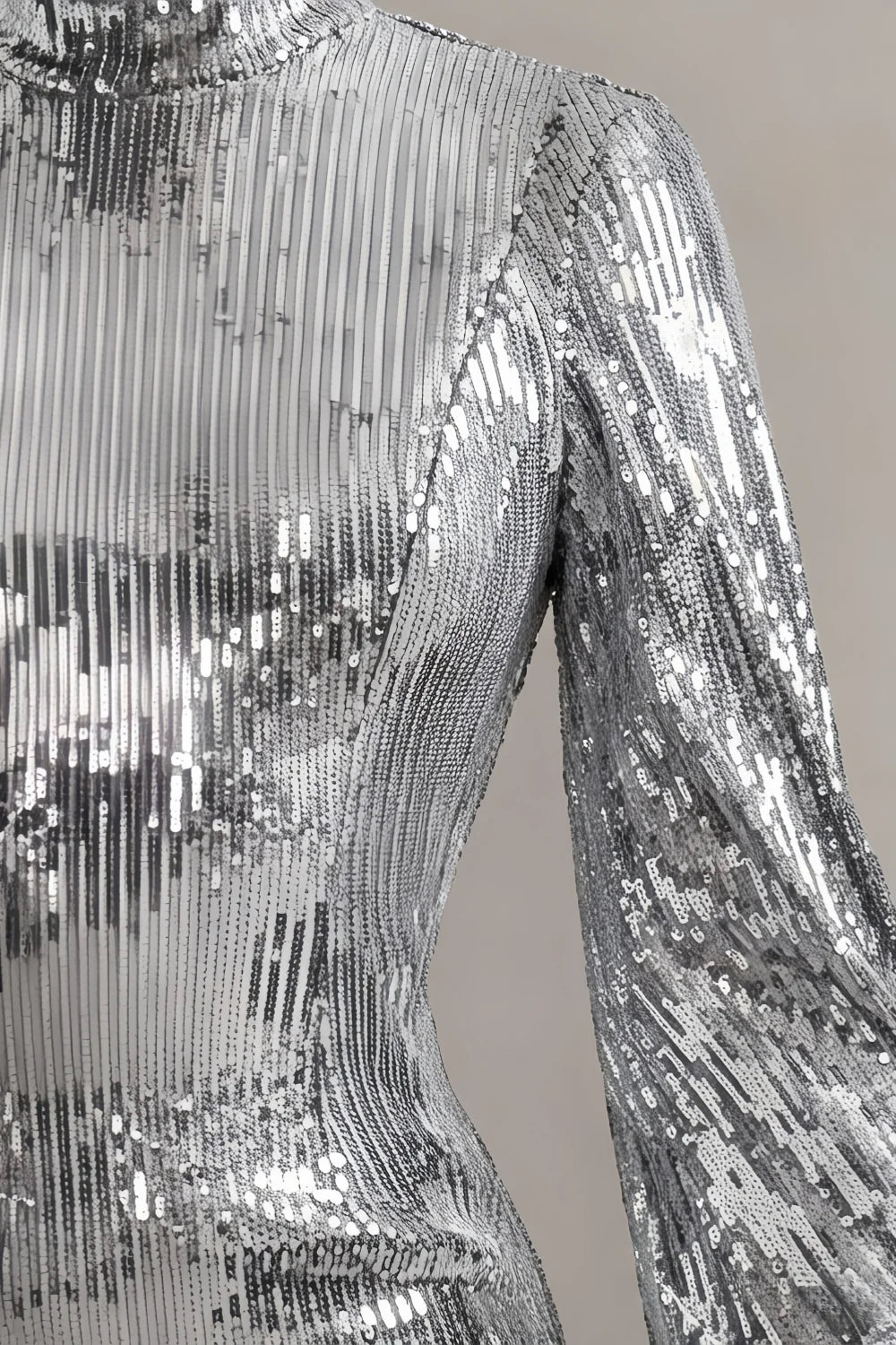 Beatrice Silver Sequin Bodycon High Neck Feather Mini Dress with Sleeves