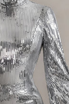 Beatrice Silver Sequin Bodycon High Neck Feather Mini Dress with Sleeves