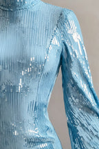 Beatrice Sky Blue Sequin Bodycon High Neck Feather Mini Dress with Sleeves