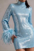 Beatrice Sky Blue Sequin Bodycon High Neck Feather Mini Dress with Sleeves