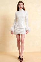 Beatrice White Sequin Bodycon High Neck Feather Mini Dress with Sleeves