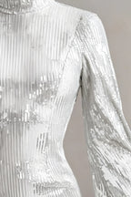 Beatrice White Sequin Bodycon High Neck Feather Mini Dress with Sleeves