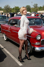 Beatrice White Sequin Bodycon High Neck Feather Mini Dress with Sleeves