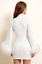 Beatrice White Sequin Bodycon High Neck Feather Mini Dress with Sleeves