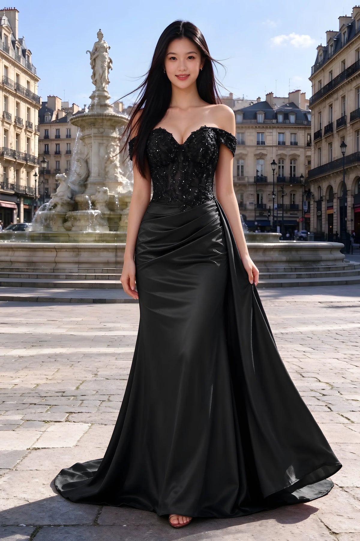 Beatrix black sweetheart off-shoulder maxi dress shown from the front beside a fountain