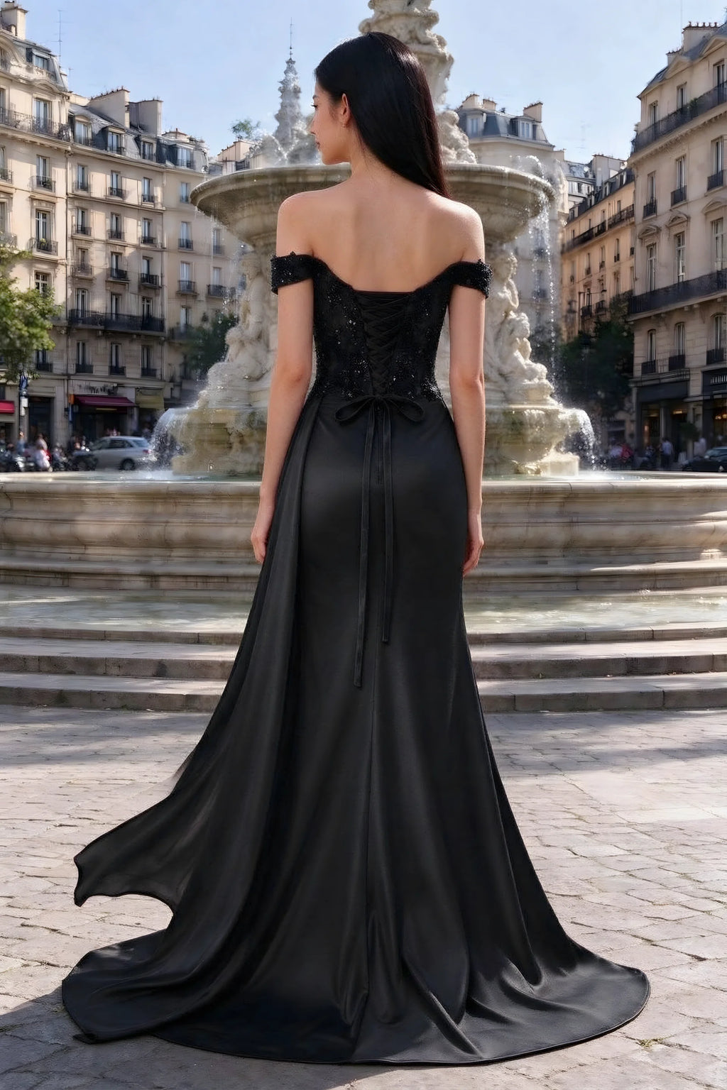 Rear outdoor view of Beatrix black satin dress with back lacing and a flared floor-length hem