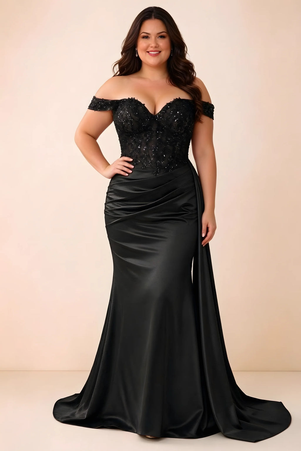 Front studio view of Beatrix black off-shoulder dress with a fitted bodice and ruched skirt