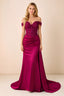 Front view of Beatrix burgundy off-shoulder satin maxi dress with a sweetheart bodice and ruched hip drape