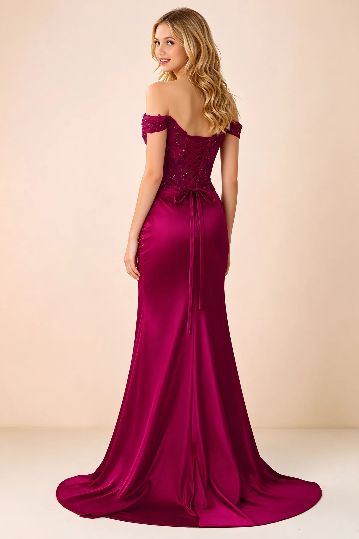Back view of Beatrix burgundy maxi dress showing the lace-up bodice and sweeping mermaid hem