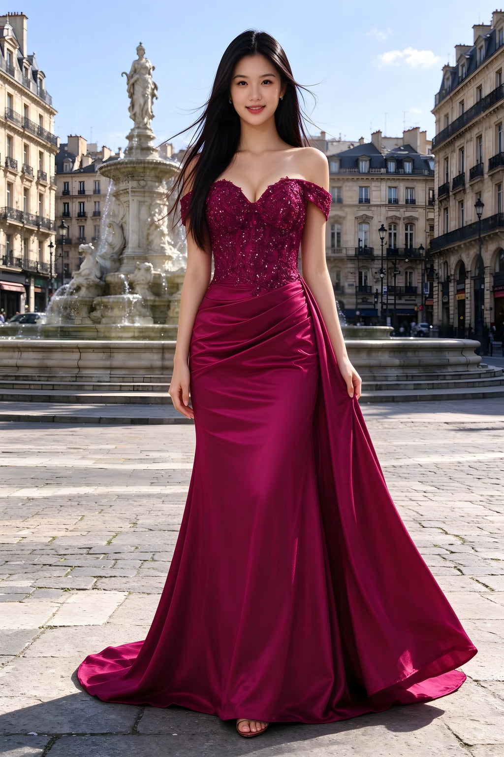 Beatrix burgundy sweetheart off-shoulder maxi dress shown from the front beside a fountain