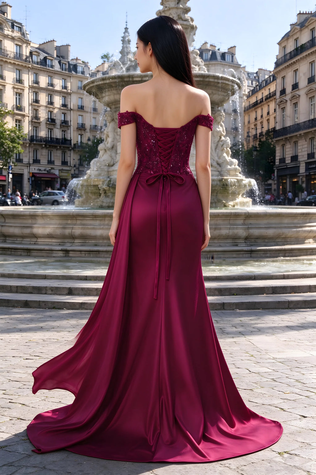 Rear outdoor view of Beatrix burgundy satin dress with back lacing and a flared floor-length hem