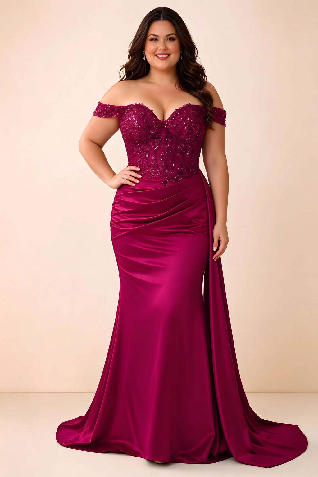 Front studio view of Beatrix burgundy off-shoulder dress with a fitted bodice and ruched skirt