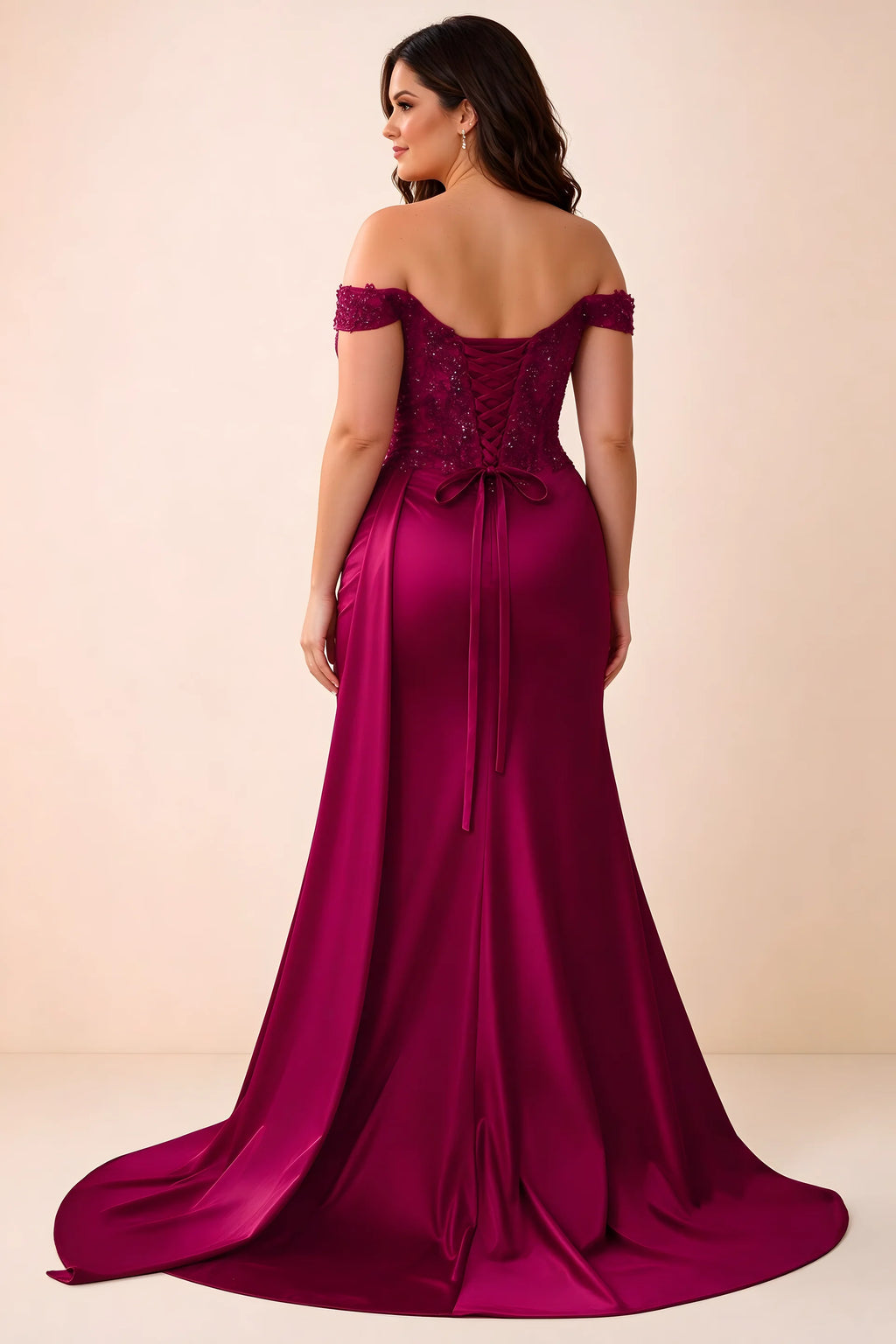 Rear studio view of Beatrix burgundy satin maxi dress showing the back ties and mermaid silhouette