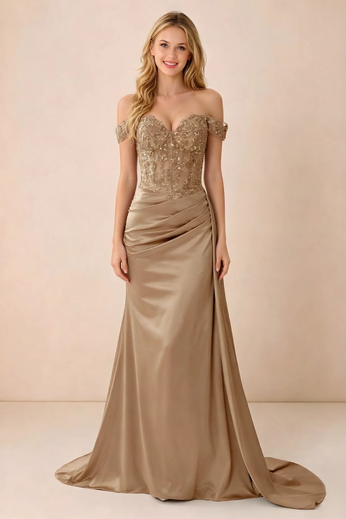 Front view of Beatrix champagne off-shoulder satin maxi dress with a sweetheart bodice and ruched hip drape