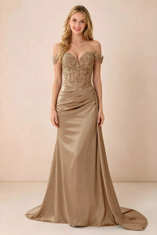 Front view of Beatrix champagne off-shoulder satin maxi dress with a sweetheart bodice and ruched hip drape