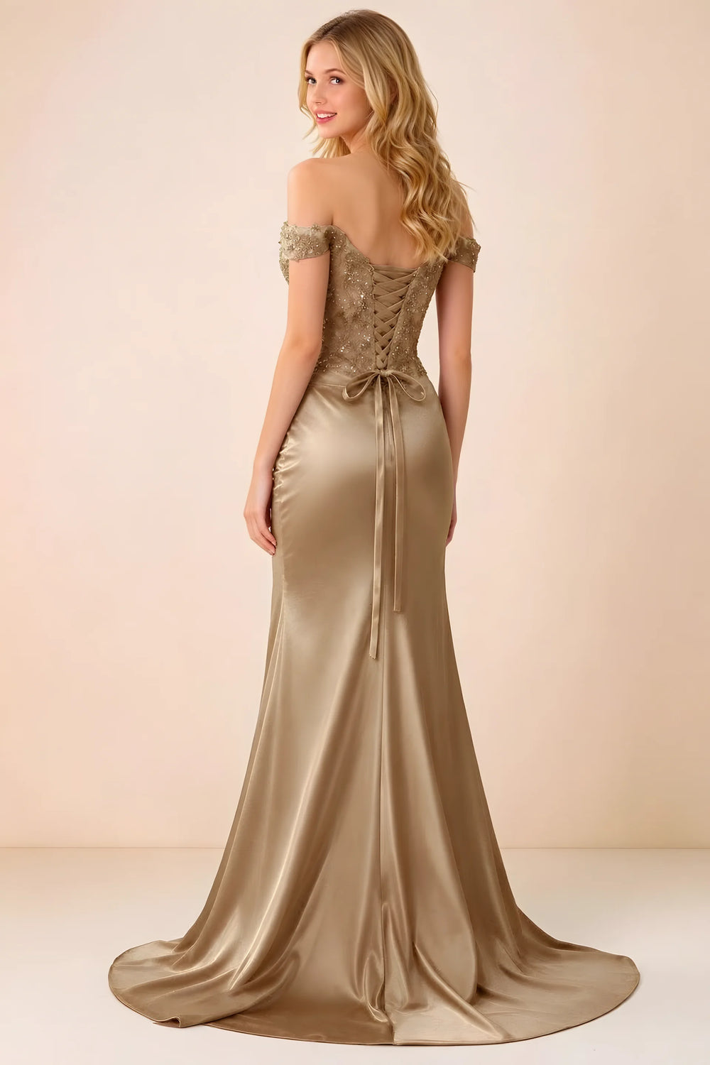 Translation missing: en.Back view of Beatrix champagne maxi dress showing the lace-up bodice and sweeping mermaid hem content.product_image_secondary
