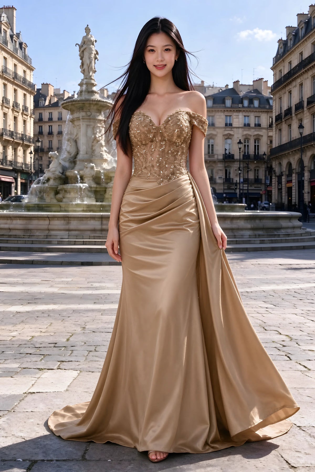 Beatrix champagne sweetheart off-shoulder maxi dress shown from the front beside a fountain