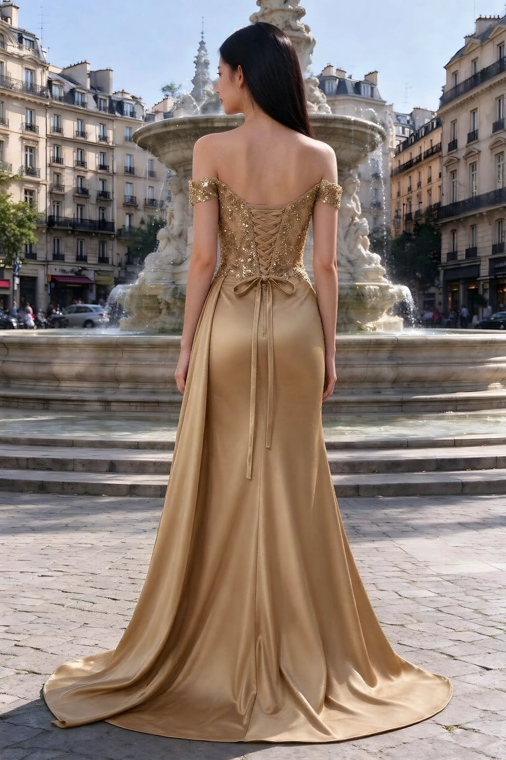 Rear outdoor view of Beatrix champagne satin dress with back lacing and a flared floor-length hem