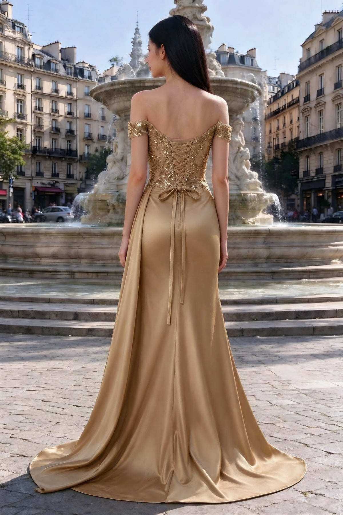 Rear outdoor view of Beatrix champagne satin dress with back lacing and a flared floor-length hem