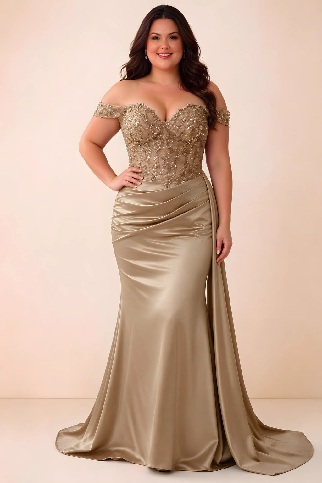 Front studio view of Beatrix champagne off-shoulder dress with a fitted bodice and ruched skirt