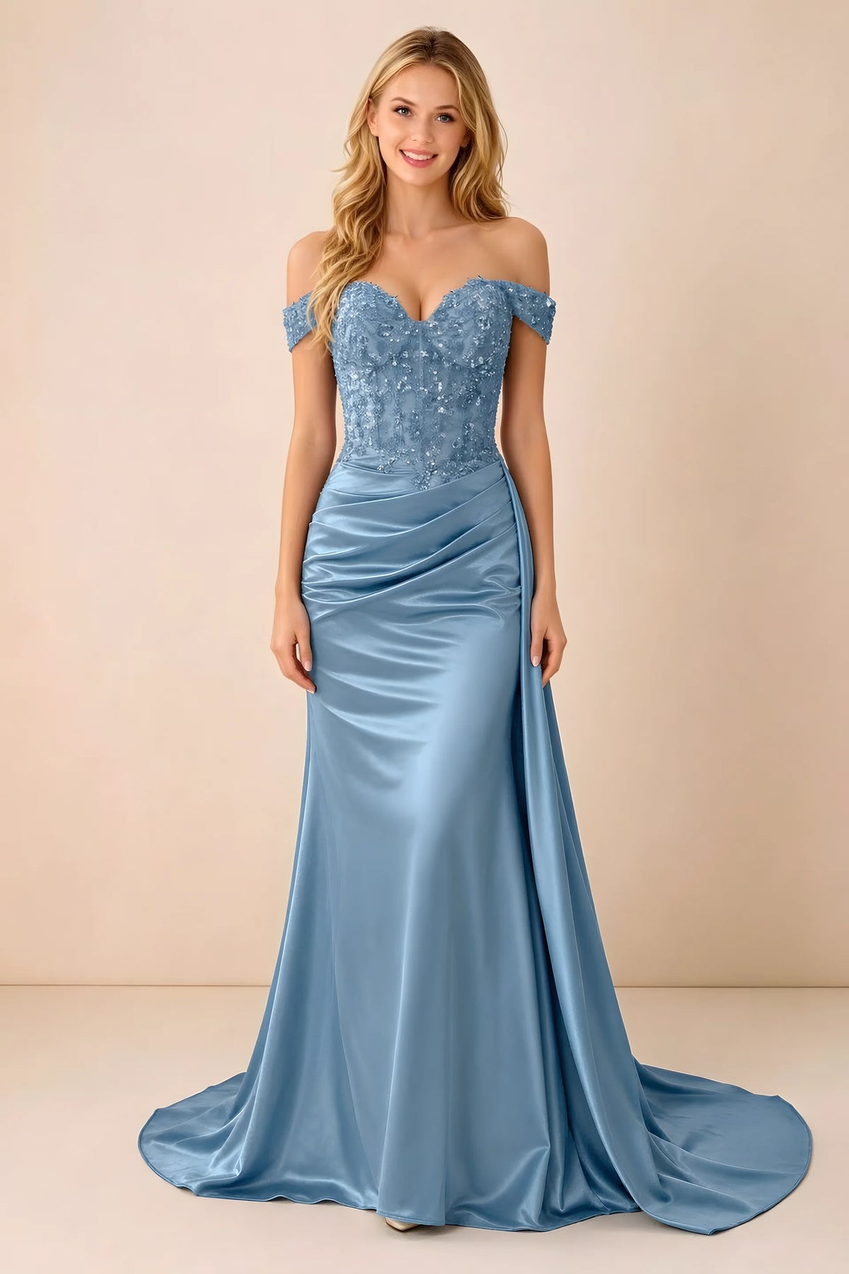 Front view of Beatrix dusty blue off-shoulder satin maxi dress with a sweetheart bodice and ruched hip drape