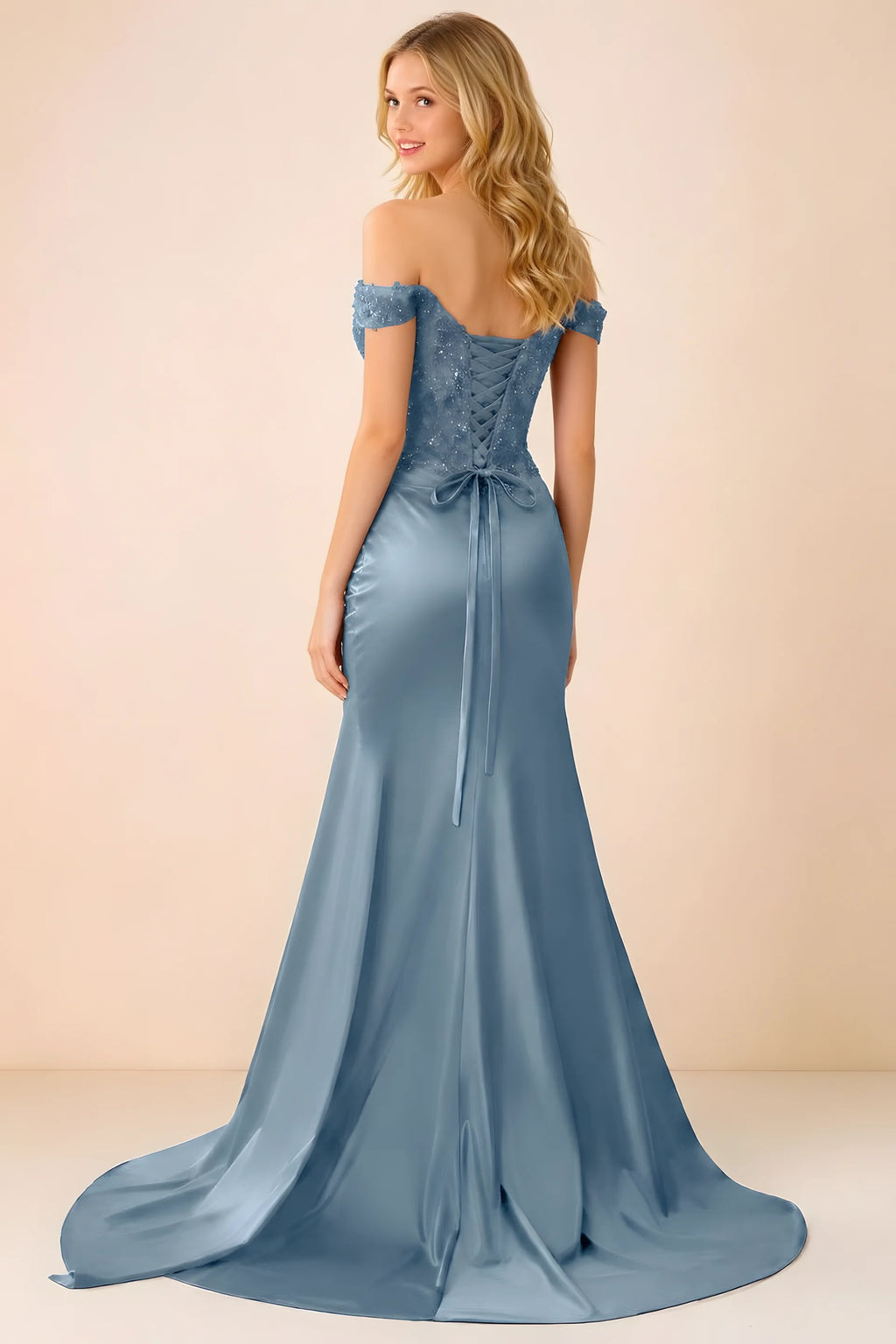 Back view of Beatrix dusty blue maxi dress showing the lace-up bodice and sweeping mermaid hem