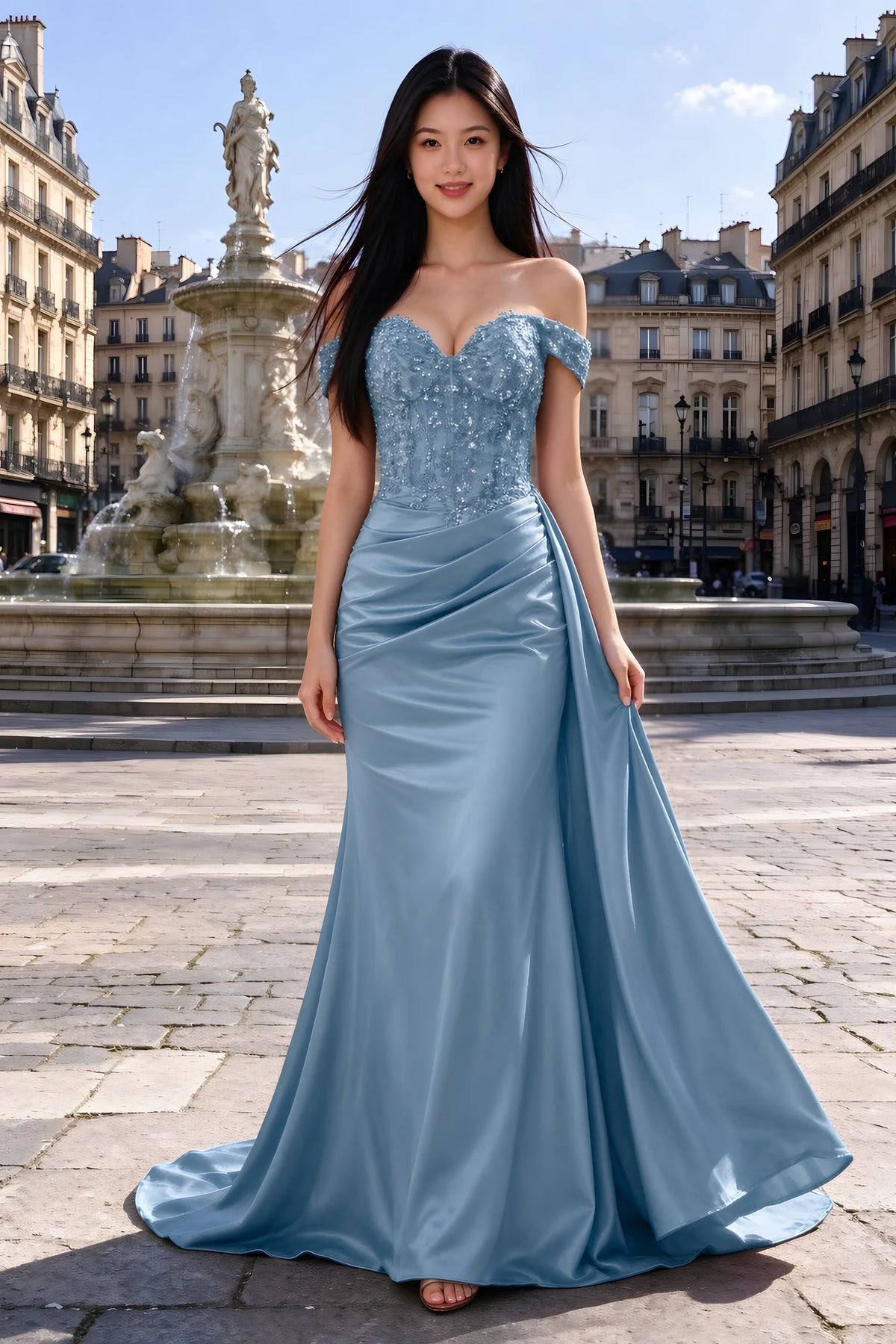 Beatrix dusty blue sweetheart off-shoulder maxi dress shown from the front beside a fountain