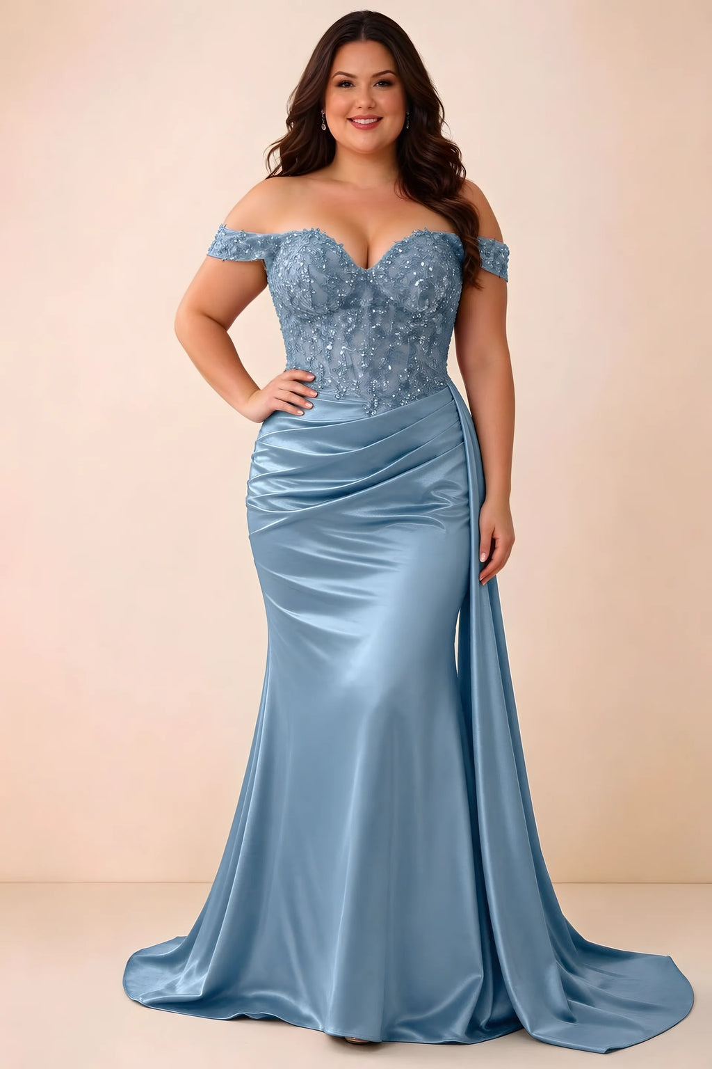 Front studio view of Beatrix dusty blue off-shoulder dress with a fitted bodice and ruched skirt