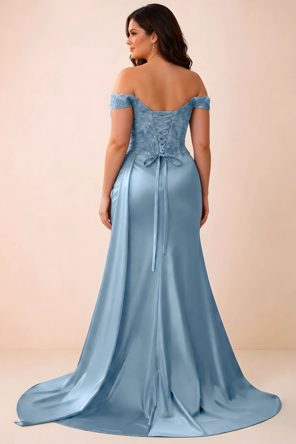 Rear studio view of Beatrix dusty blue satin maxi dress showing the back ties and mermaid silhouette
