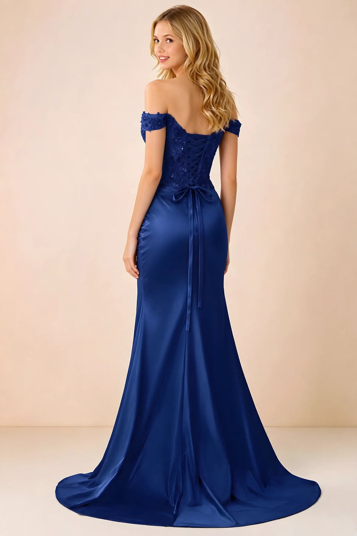 Back view of Beatrix navy maxi dress showing the lace-up bodice and sweeping mermaid hem