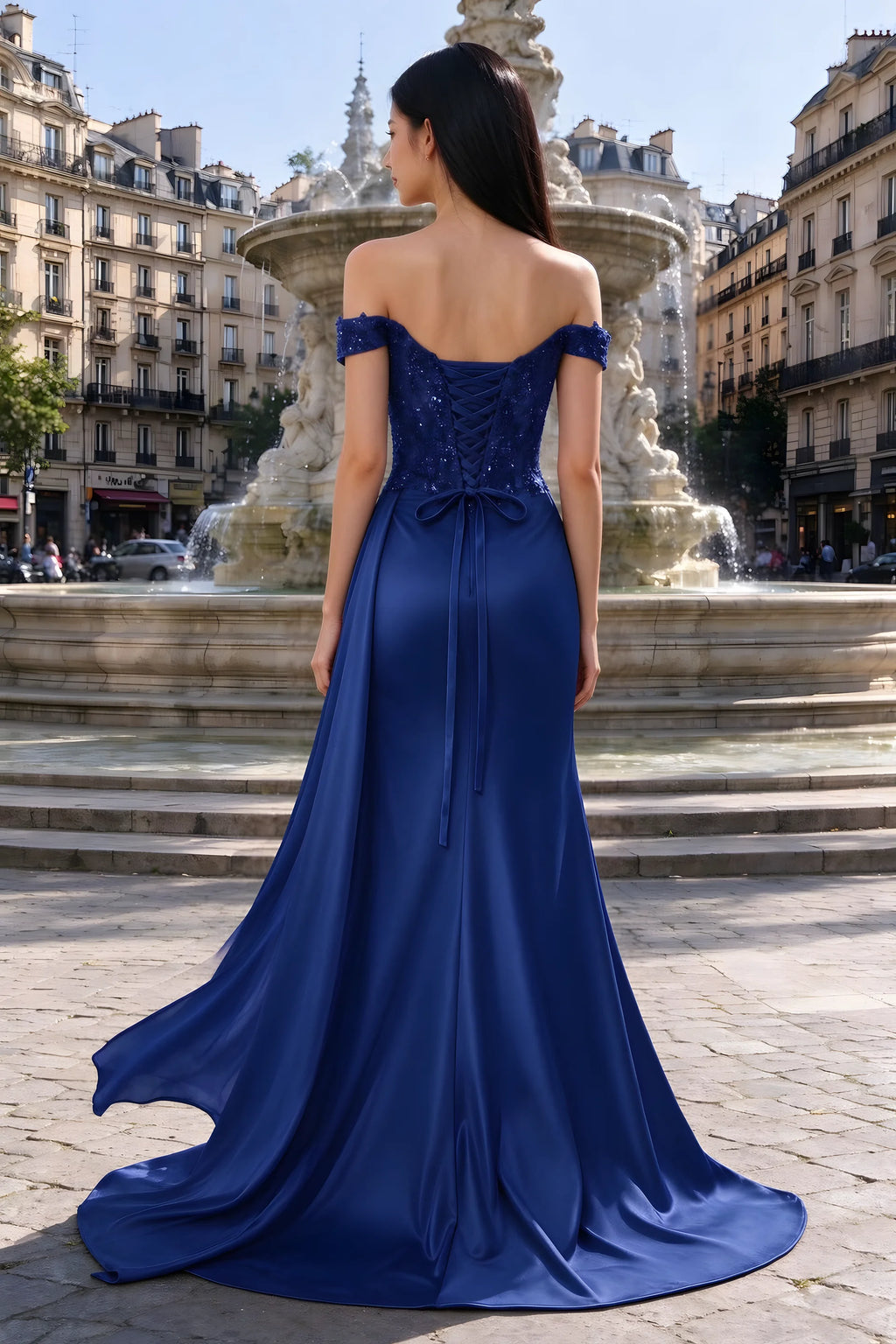 Rear outdoor view of Beatrix navy satin dress with back lacing and a flared floor-length hem