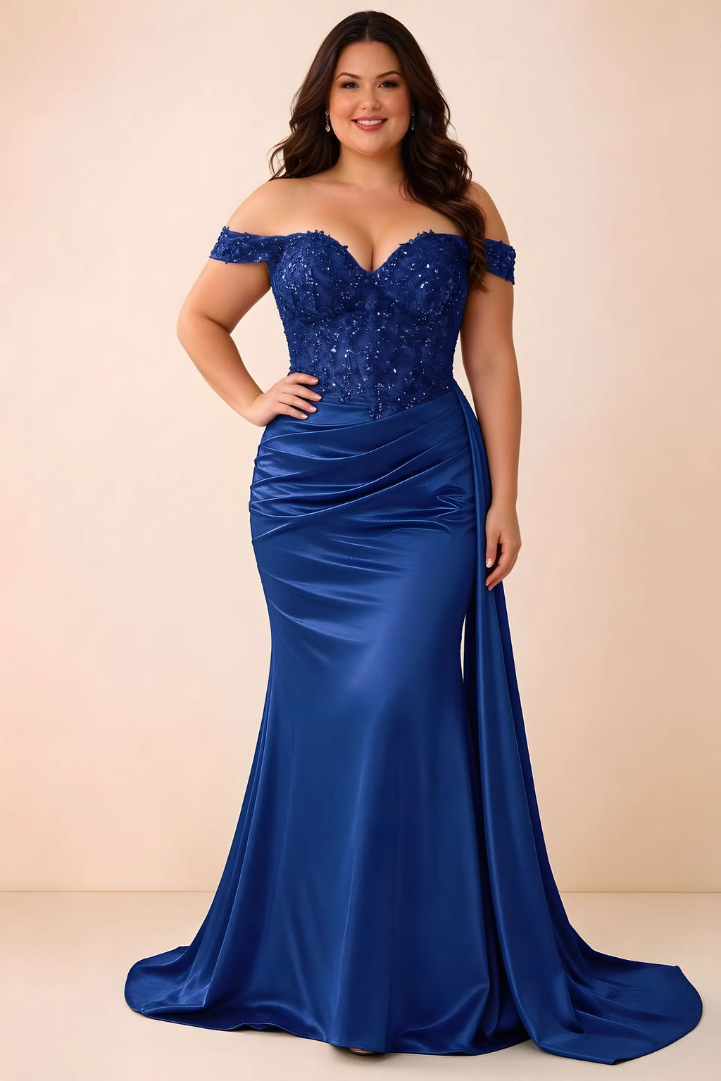 Front studio view of Beatrix navy off-shoulder dress with a fitted bodice and ruched skirt