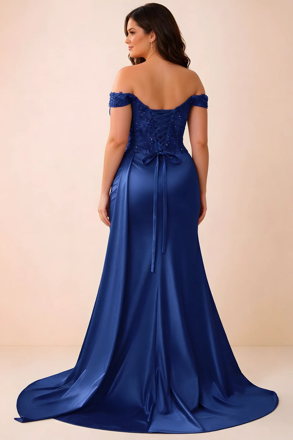 Rear studio view of Beatrix navy satin maxi dress showing the back ties and mermaid silhouette