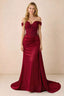Front view of Beatrix red off-shoulder satin maxi dress with a sweetheart bodice and ruched hip drape