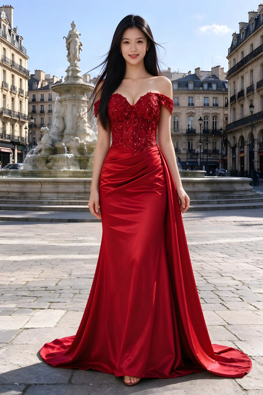 Beatrix red sweetheart off-shoulder maxi dress shown from the front beside a fountain