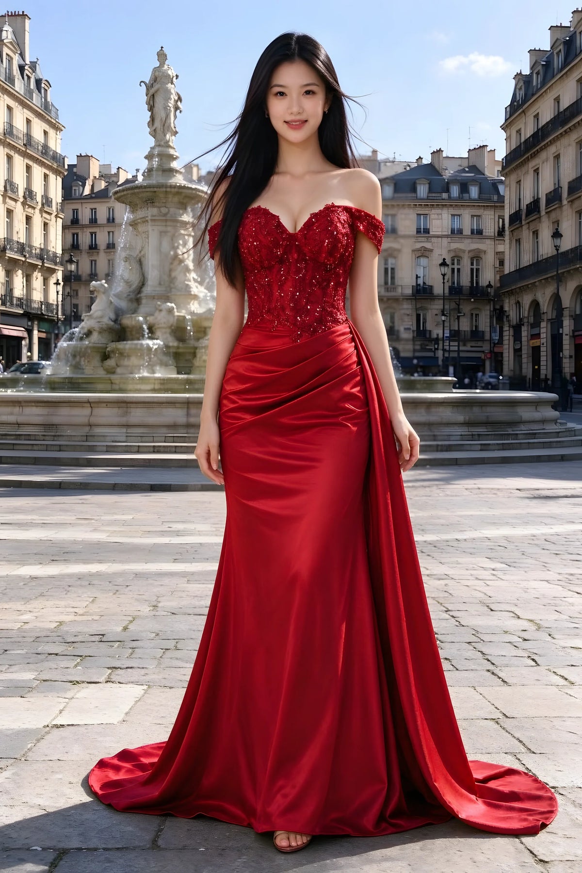 Beatrix red sweetheart off-shoulder maxi dress shown from the front beside a fountain