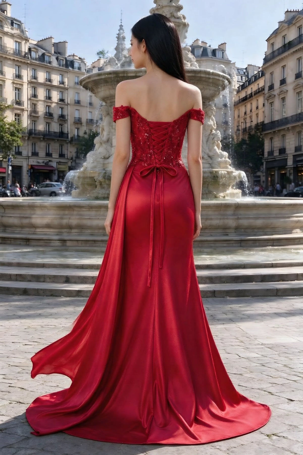 Rear outdoor view of Beatrix red satin dress with back lacing and a flared floor-length hem