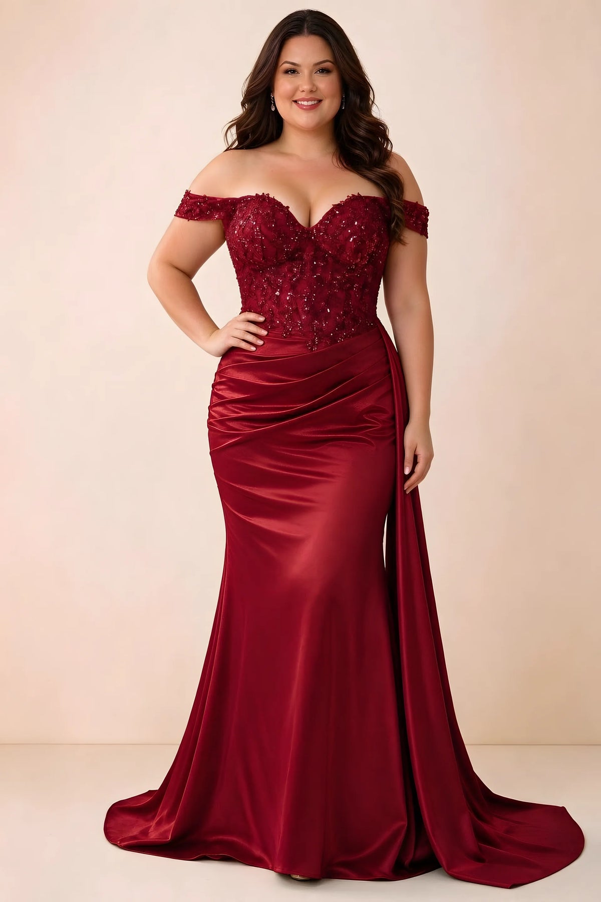 Front studio view of Beatrix red off-shoulder dress with a fitted bodice and ruched skirt