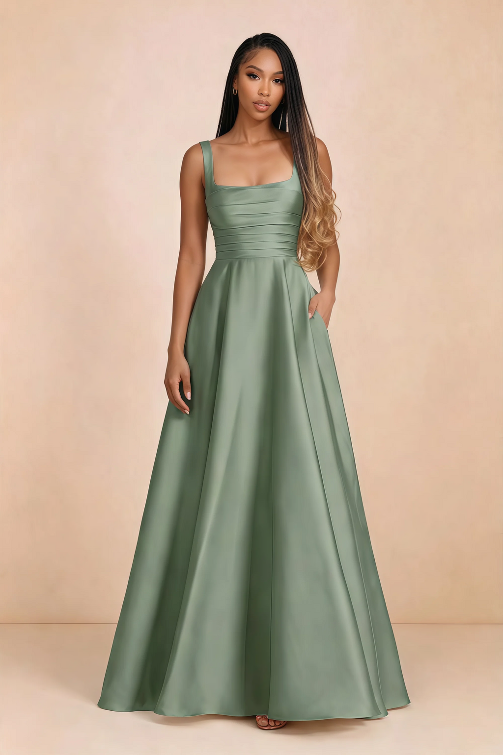 Front studio view of Becky aloe green satin maxi dress showing the square neckline, pleated bodice and full A-line skirt