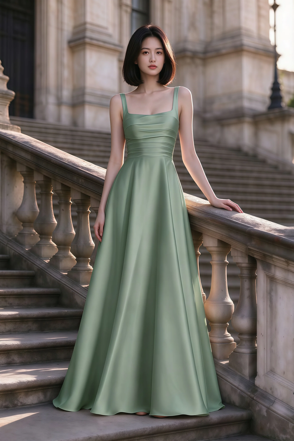 Outdoor front view of Becky aloe green satin maxi dress on stone steps with a floor-length A-line skirt