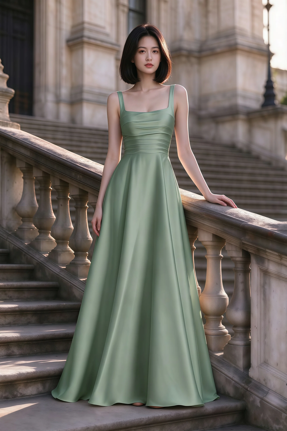 Outdoor front view of Becky aloe green satin maxi dress on stone steps with a floor-length A-line skirt