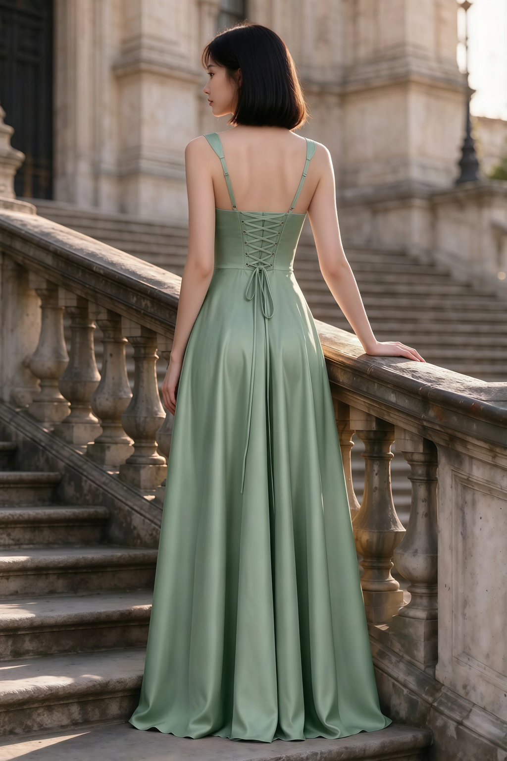 Outdoor rear view of Becky aloe green satin maxi dress showing adjustable straps and the lace-up back