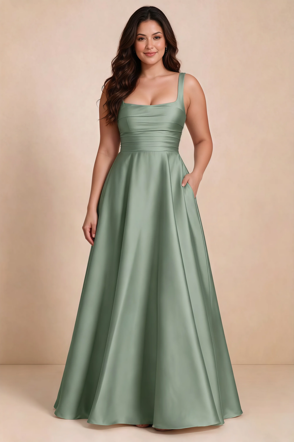 Front studio view of Becky aloe green satin maxi dress showing the defined waist and flowing skirt