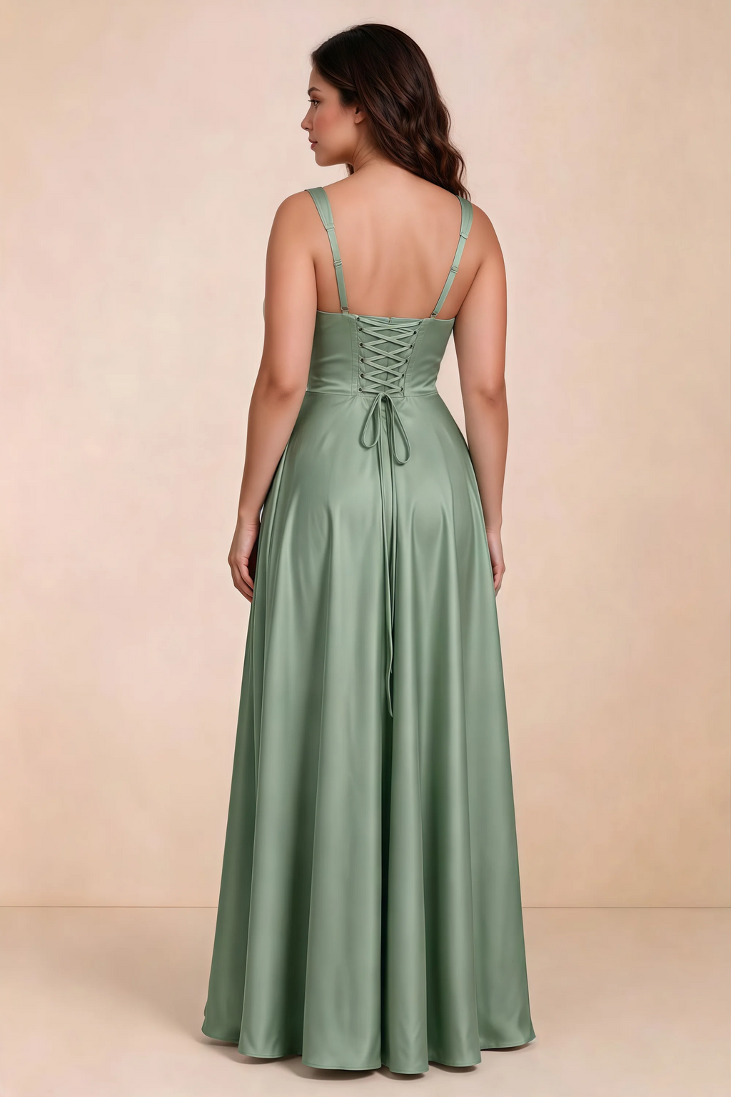 Rear studio view of Becky aloe green satin maxi dress showing crossed back lacing above the full skirt