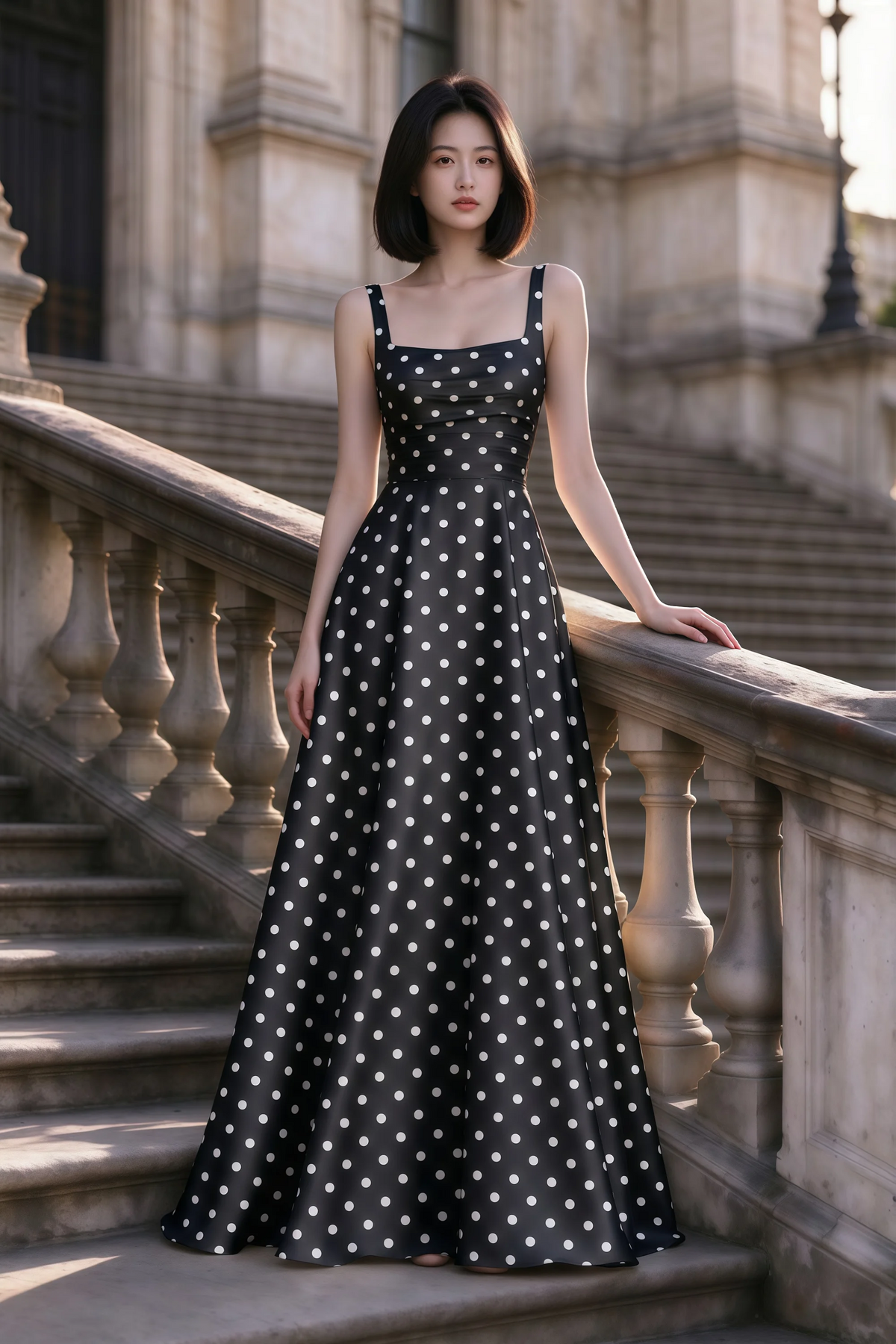 Outdoor front view of Becky black polka dot satin maxi dress on stone steps with a floor-length A-line skirt