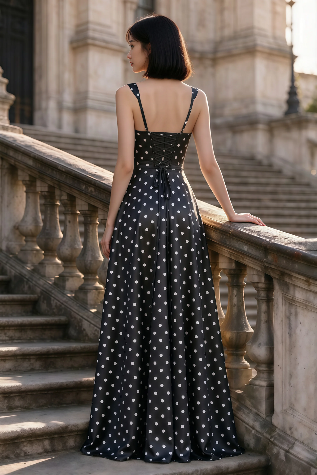 Outdoor rear view of Becky black polka dot satin maxi dress showing adjustable straps and the lace-up back