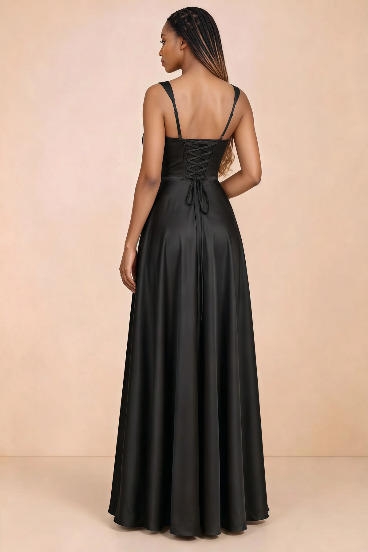 Back studio view of Becky black satin maxi dress showing shoulder straps and waist-length lacing